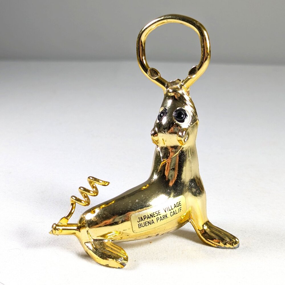 Gold Toned Sea Lion bottle opener and corkscrew, cute cartoon seal bar decor